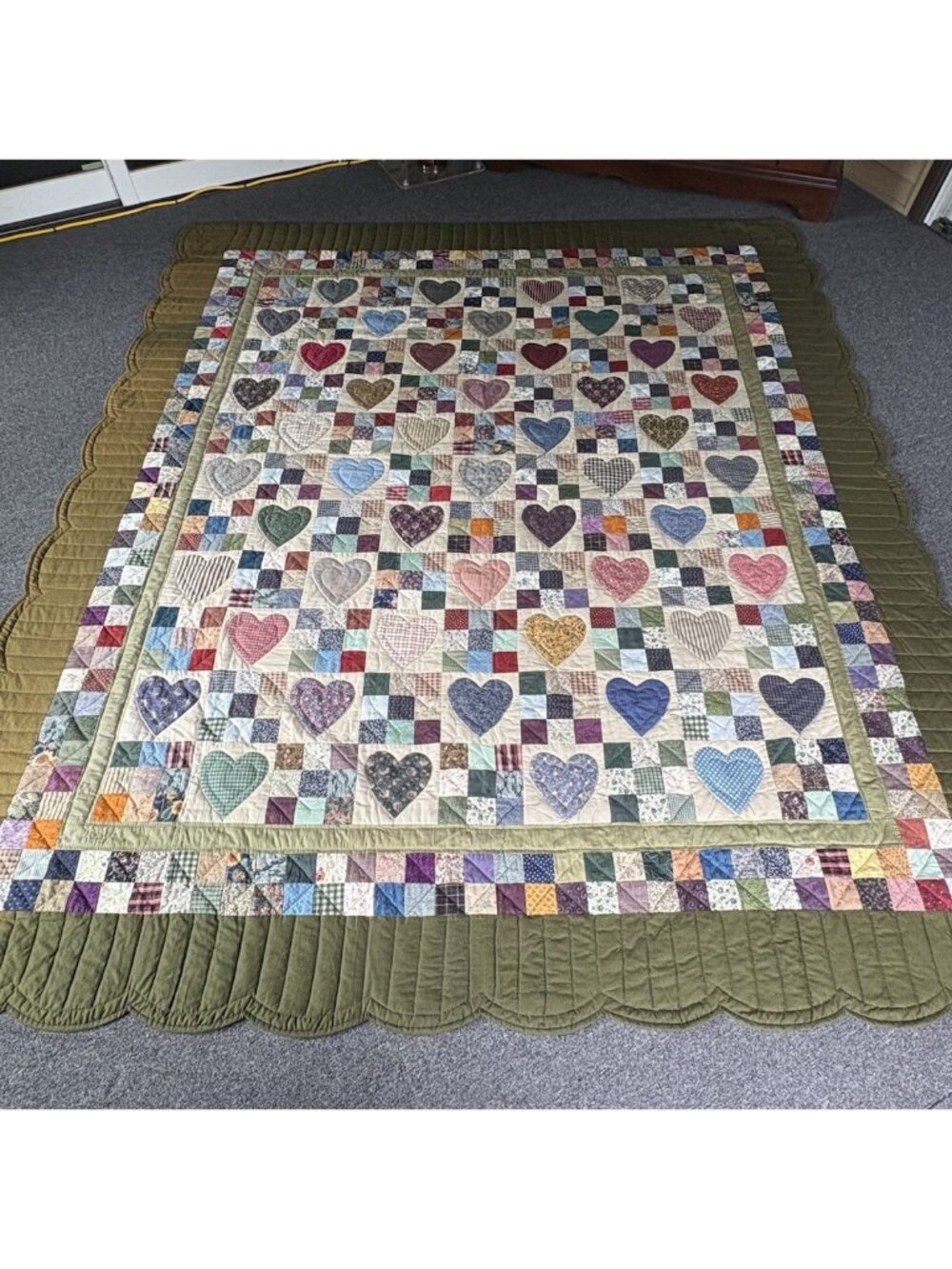 COUNTRY HEARTS King Size Quilt Bedspread Handmade Colorful/Multicolor Patchwork